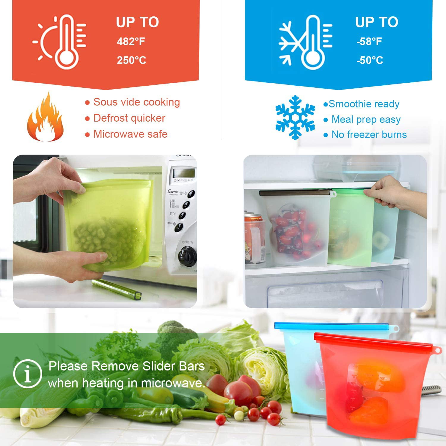 Large Reusable Food Storage Bags Freezer & Dishwasher BPA Free Reseala –