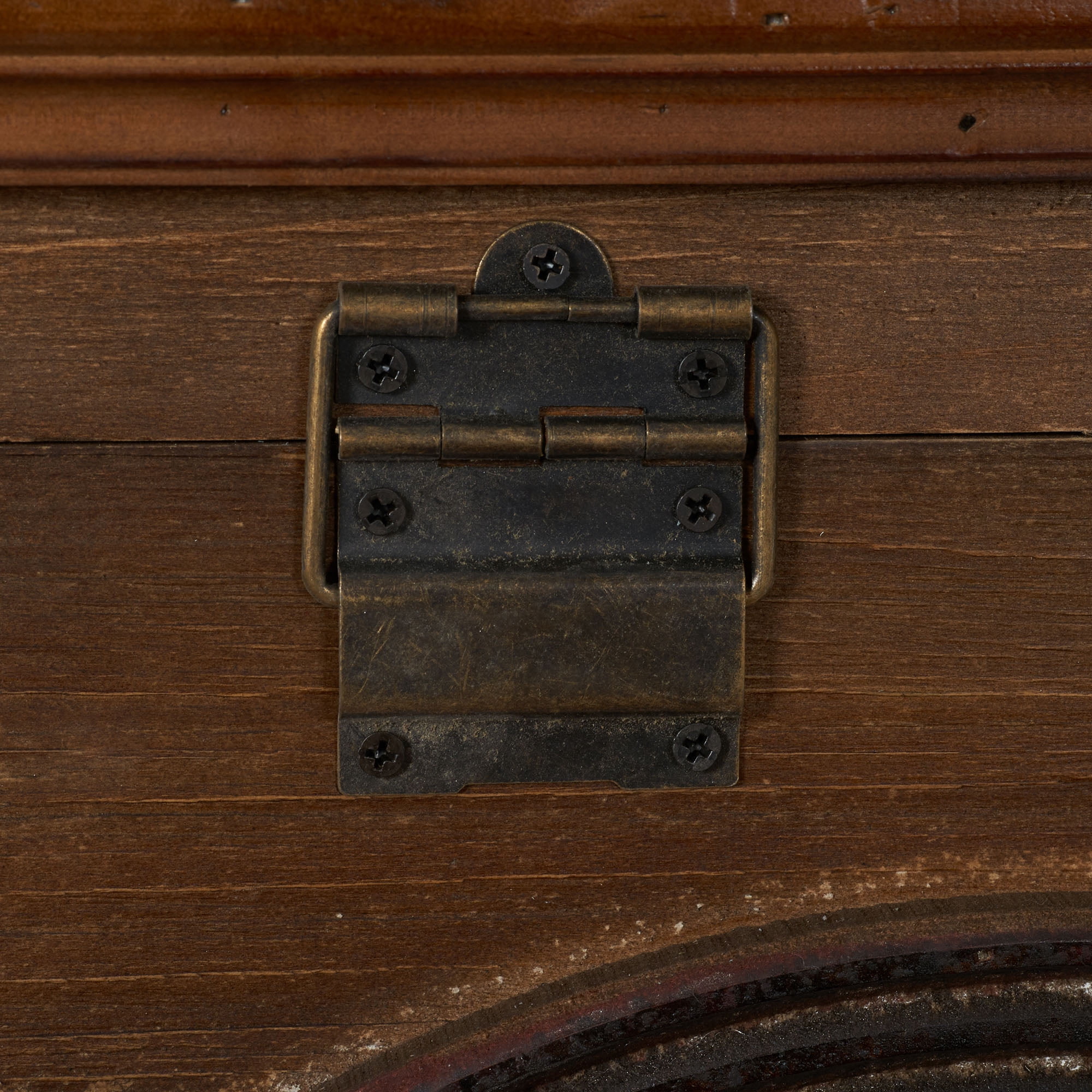 Household Essentials Large Wooden Arch Storage Trunk, Stained Wood with Decorative Arches, Flat-top, Hinged Lid, Brown