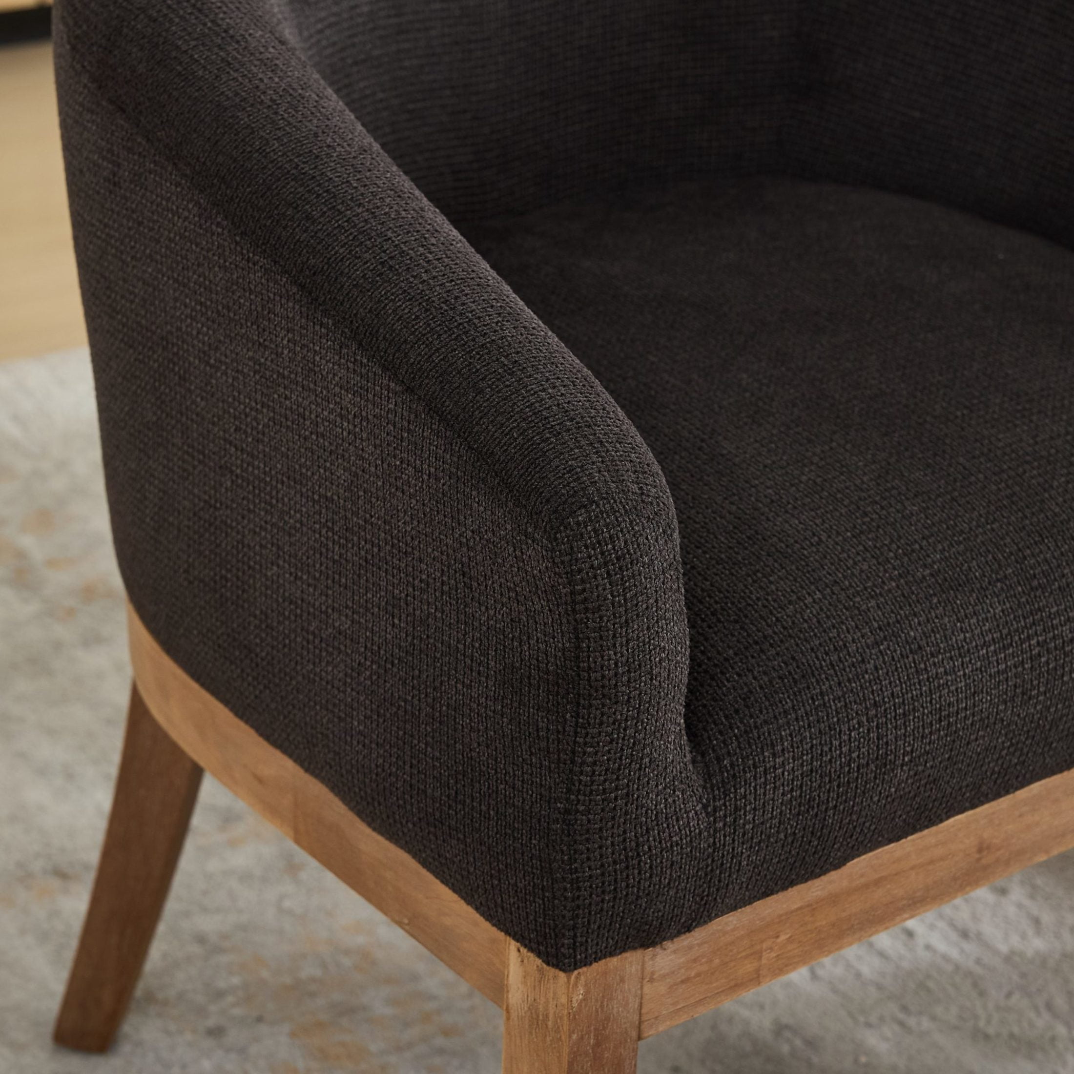 Noble House Barrel Dining Chair with Arms, Linen Upholstery, Rubberwood Frame, Charcoal Gray