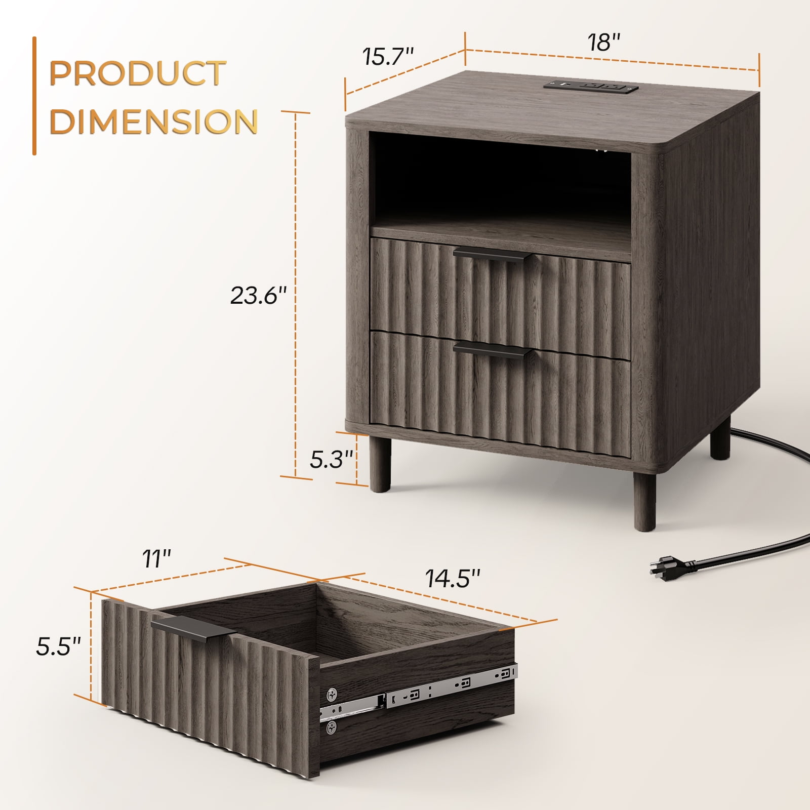 18" Wide Fluted Nightstand Set of 2 with Charging Station Modern Wood Bedside Table with 2 Drawers and Open Shelf, Mid Century End Table for Bedroom Living Room Office, Dark Gray