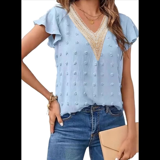 Blusa de Verano 2025 para Mujer, con Cuello en V, Volantes, Corta, Lunares, Holgada, Tipo Túnica Azul XL