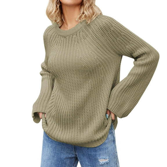 Duoif Sweaters for Women Trendy Women's Casual Long Sleeve Pullover Sweaters Crew Neck Oversized Ribbed Knit 2025 Fall Winter Sweater Jumper Tops Women's Sweaters Womens Tops Army Green L