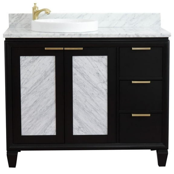 Trento Solid Wood Vanity with Left Round Sink in Blue/White Carrara