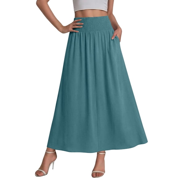 ZToonmas Women's Elastic High Waist Maxi Skirt A-Line Flowy Skirt with Side Pockets Casual Solid Color Long Skirt