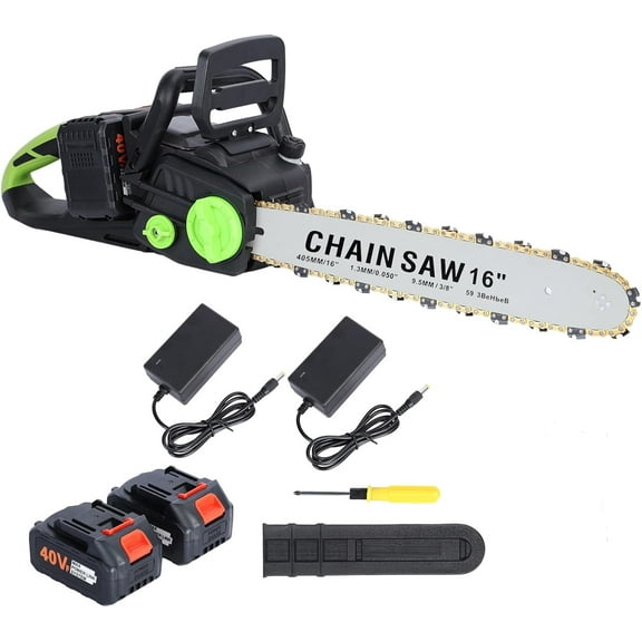 1800W Brushless Electric Chainsaw 16-Inch with 2 Batteries, 17000RPM Cordless Chain Saw with Automatic Oiler, Safety Lock for Wood Cutting and Garden Maintenance.