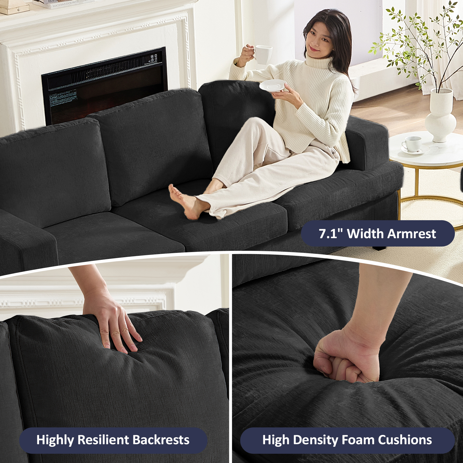 ZAFLY 82” Deep Seat Couch with Wide Armrest, Oversized Sofas and Couches for Small Space/Living Room - Dark Gray