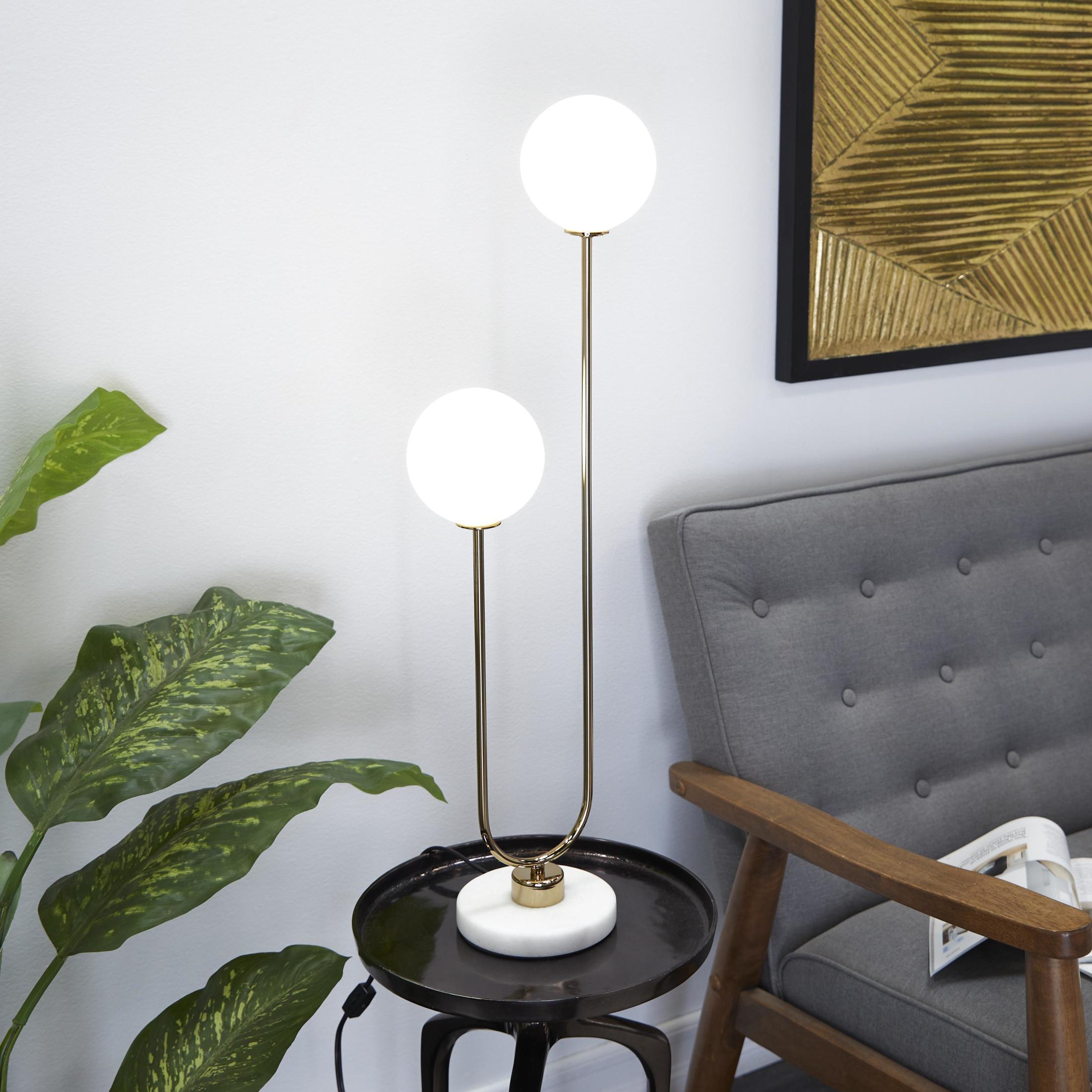 DecMode 31" 2 Light Curved Orb Gold Table Lamp with White Glass Shade