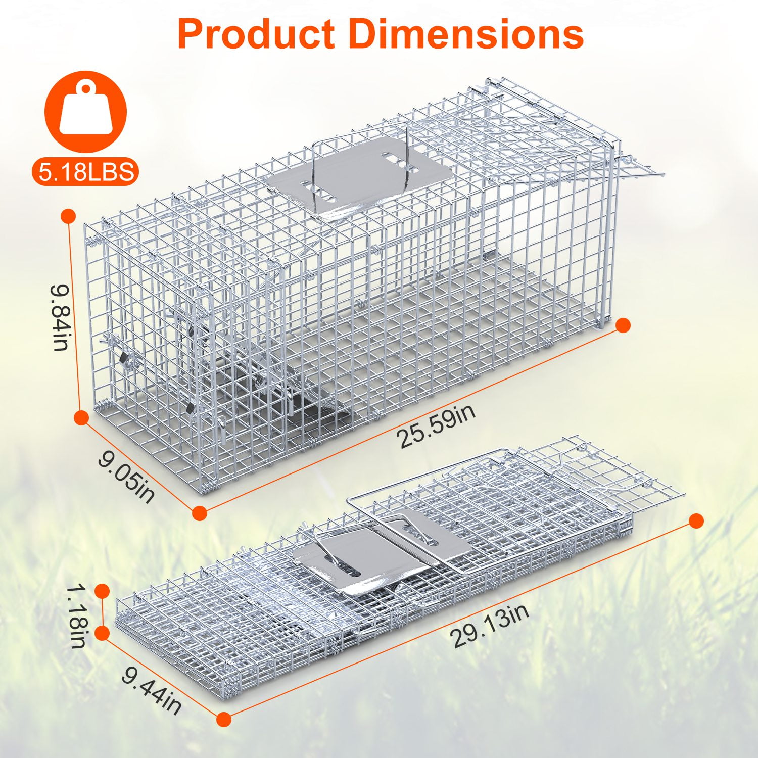 Upgraded 25.6" Humane Live Animal Cage Trap Heavy Duty Folding Squirrel Trap Live Raccoon Trap for Stray Cats Raccoons Squirrel Skunk Mole Catch and Release