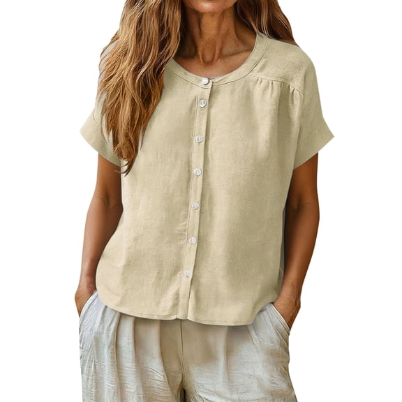 Domzest Womens Linen Blend Button Down Shirts Short Sleeve Crew Neck Loose Fit T Shirt Summer Casual Lightweight Tunic Tops Beige S
