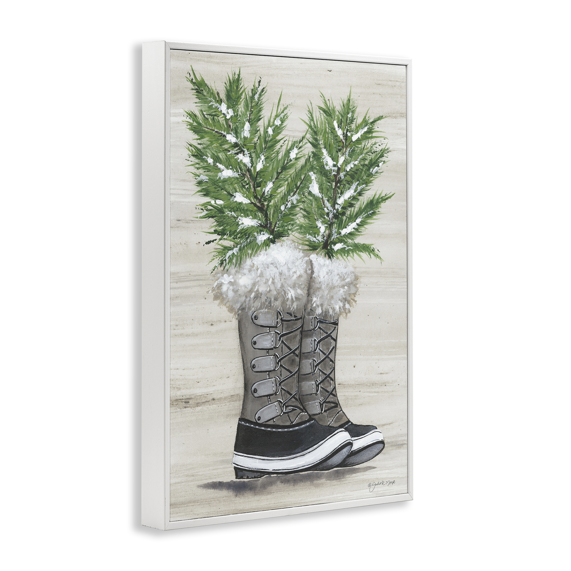 Stupell Industries Winter Sprigs in Boots Botanical & Floral Painting White Framed Art Print Wall Art, 16 x 24