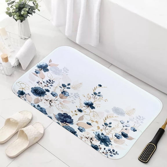 Navy Blue and Gold Flower Bath Mat Rug for Bathroom, Boho Watercolor Floral Leaves Cute Bathroom Floor Rugs Mats Non Slip Kitchen Indoor Decor Decoration Accessories 17X29 Inches