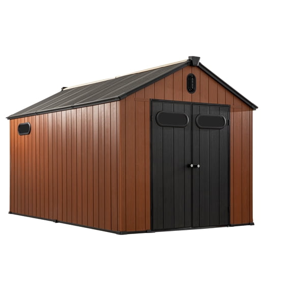 Plexalife 8×12 Large Heavy-Duty Outdoor Resin Storage Shed with Custom-Fit Solar Lights Included Windows & Double Doors, Weatherproof & UV-Resistant Garden and Tool Shed with Ventilation, Teak Brown