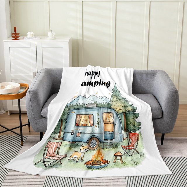 Erosebridal Rustic Camp Sherpa Blanket, RV Car Fuzzy Blanket Throw, Happy Camping Decor