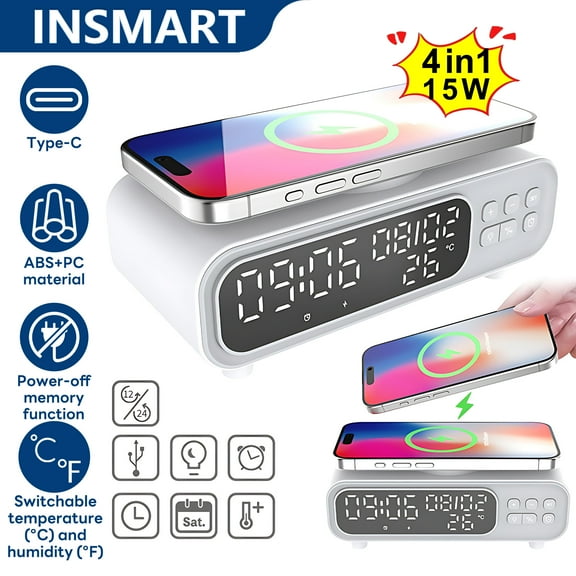 INSMART 4-in-1 Wireless Charging Station with Digital Clock,Night Light, 15W Fast Qi Charger for iPhone Samsung, Bedside Desk Home Office Car Organizer