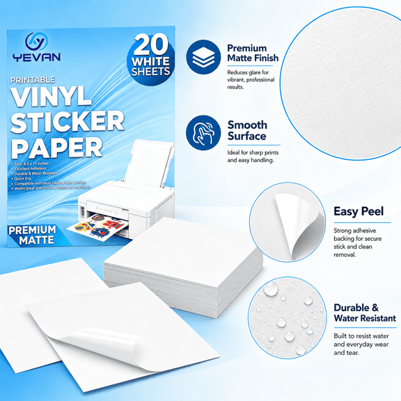 YEVAN Printable Vinyl Sticker Paper Inkjet Printer Adhesive Paper, 8.5 x 11 in, White matte, 20 Sheets