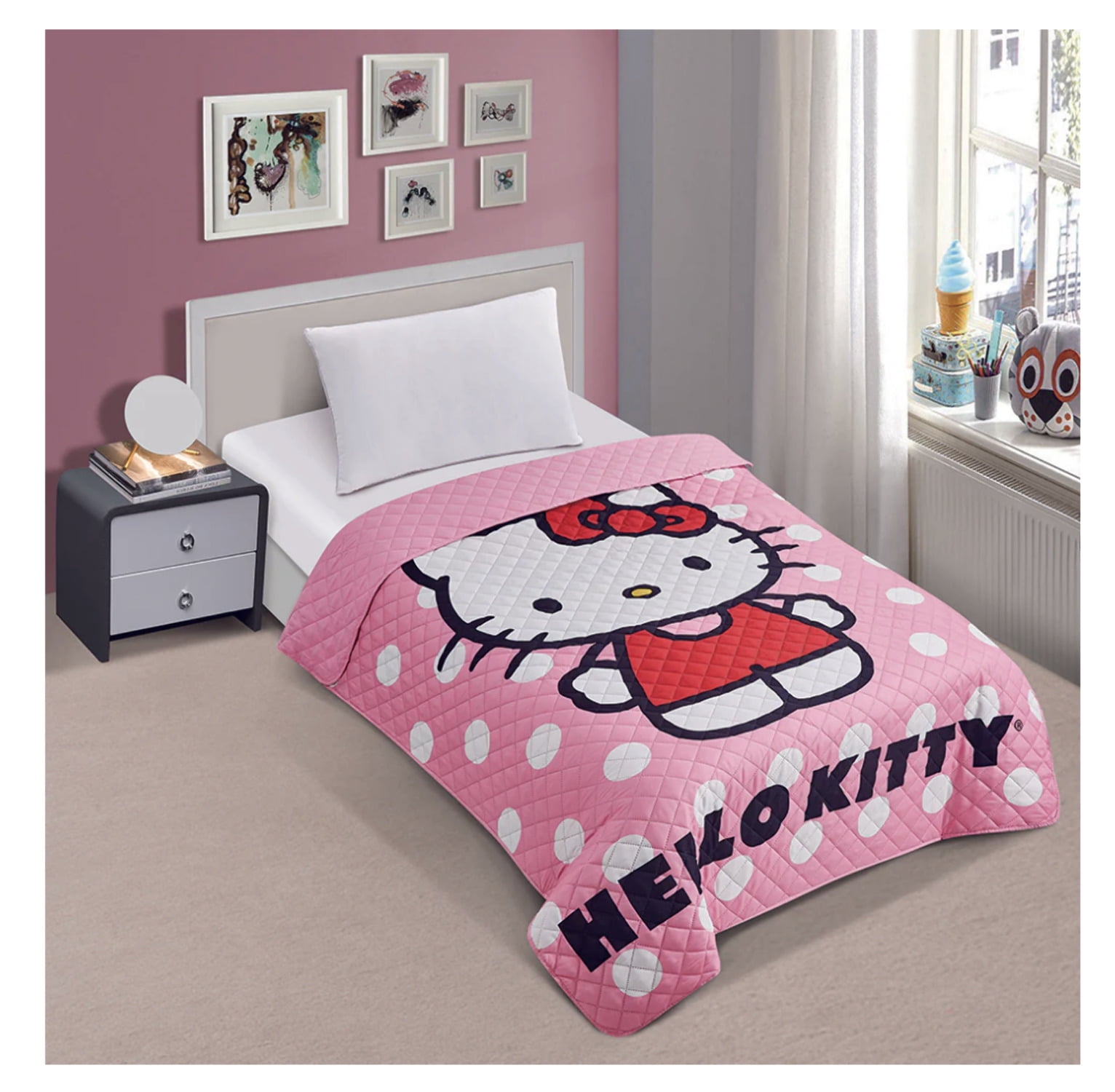Pink Hello Kitty Polka Dots Twin/Full Quilted Bedspread Only