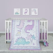 Sammy & Lou Tiny Dino's 4 Piece Crib Bedding Set. Features Tiny Dinosaur and Floral Pattern in Colors of Purple, Yellow, Gray, Aqua and White. Quilt - 100% Polyester Fill