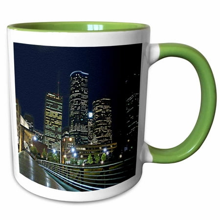 3dRose Houston Downtown Cityscape at Night, Texas, Textured Artwork Photo - Two Tone Green Mug,