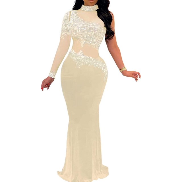 XINQIHANG Robe Moulante Sexy Élégante pour Femmes avec Strass, Robe de Soirée Longue