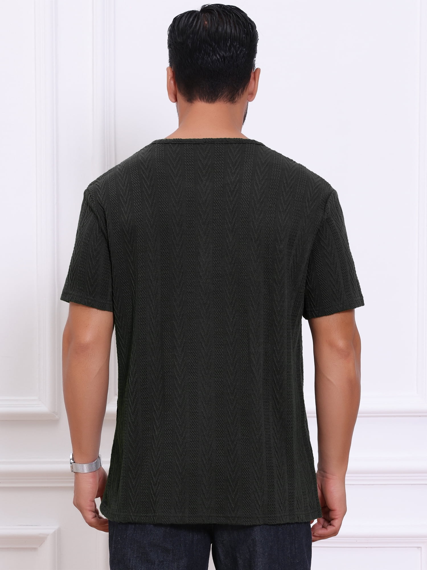 DARING DIVA Men's Henley Short Sleeve Button Down Jacquard Knitted T-Shirt M Black
