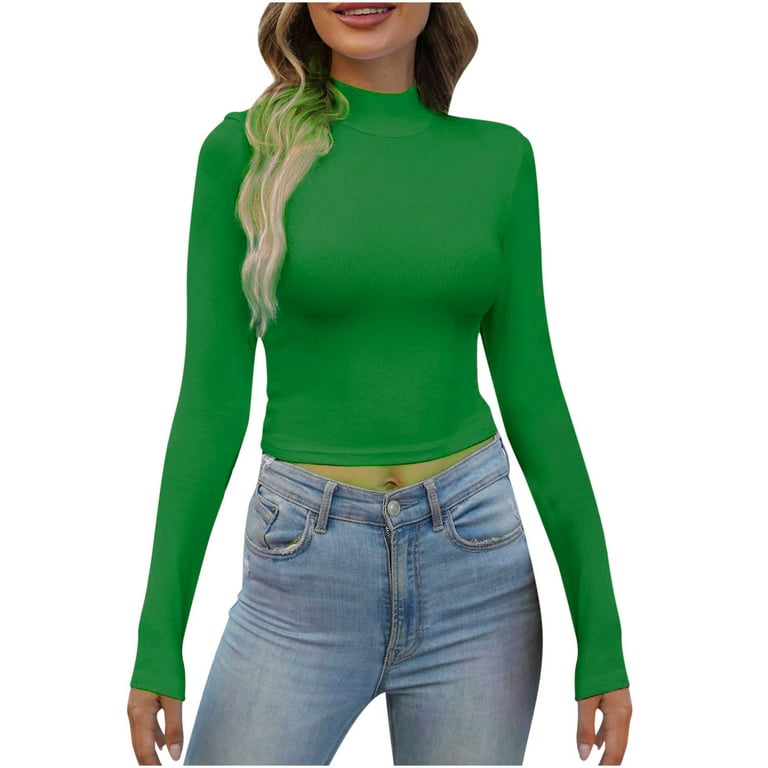 XFLWAM Women's Sleeve Crop Top Basic Stretch Slim Fit Lightweight Fitted T Shirt Green M - Walmart.com