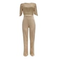 thumbnail image 5 of ZAZYULZ Charming Women's Round Neck Medium Sleeved Waistband Loose Fitting Wide Leg Sequin Jumpsuit(Beige,Xxl), 5 of 6