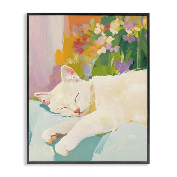 Stupell Industries Contemporary Sleeping Cat with Flowers Black Framed Giclee Art, 11 x 14, by The Prints Vibe