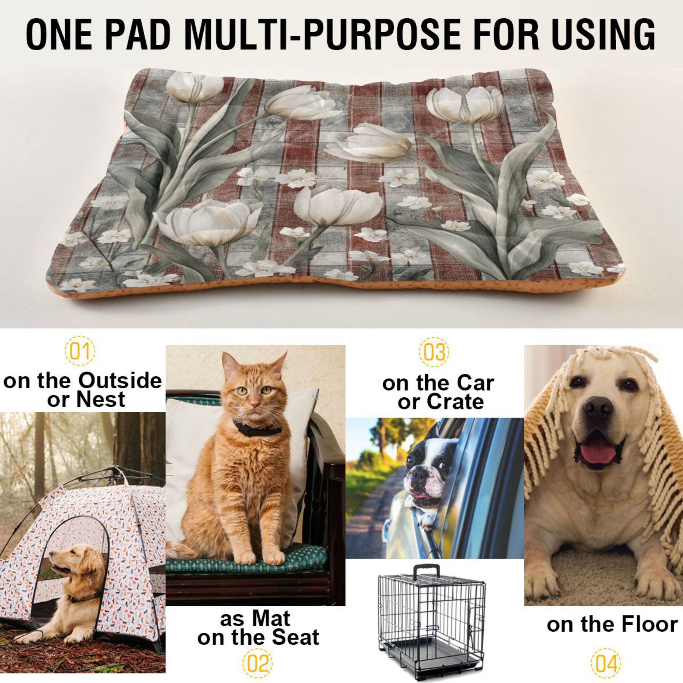 Qxltty White Tulip Flowers Ped Pad Wear-resistant and Hard to Bite Through Sleeping Pad for Small Medium Large Dogs Winter Pet Bed 36×24in