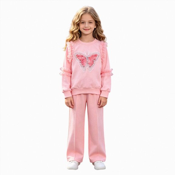 mgoYE Girls Clothes 2 Piece Fall Outfits Bow Sweatshirts & Pants Clothing Set Cute Girl Clothes(Pink,6-7 Years)