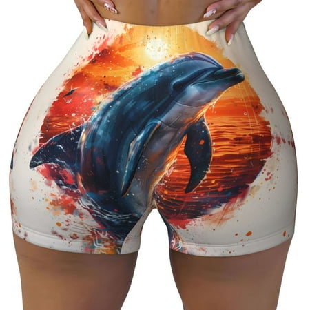 Workout Shorts Women  Sunset Ocean Watercolor Dolphin Biker Shorts for Women Running Gym Spandex Shorts Tummy Control