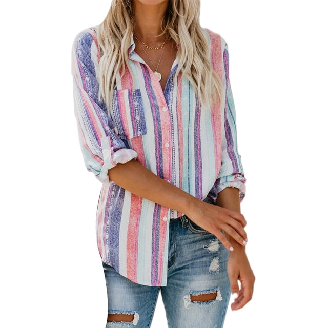 MAWCLOS Women Blouse Fall Loose Top Long Sleeve Shirt Striped Printed Party Casual Button Down Shellort Pink M