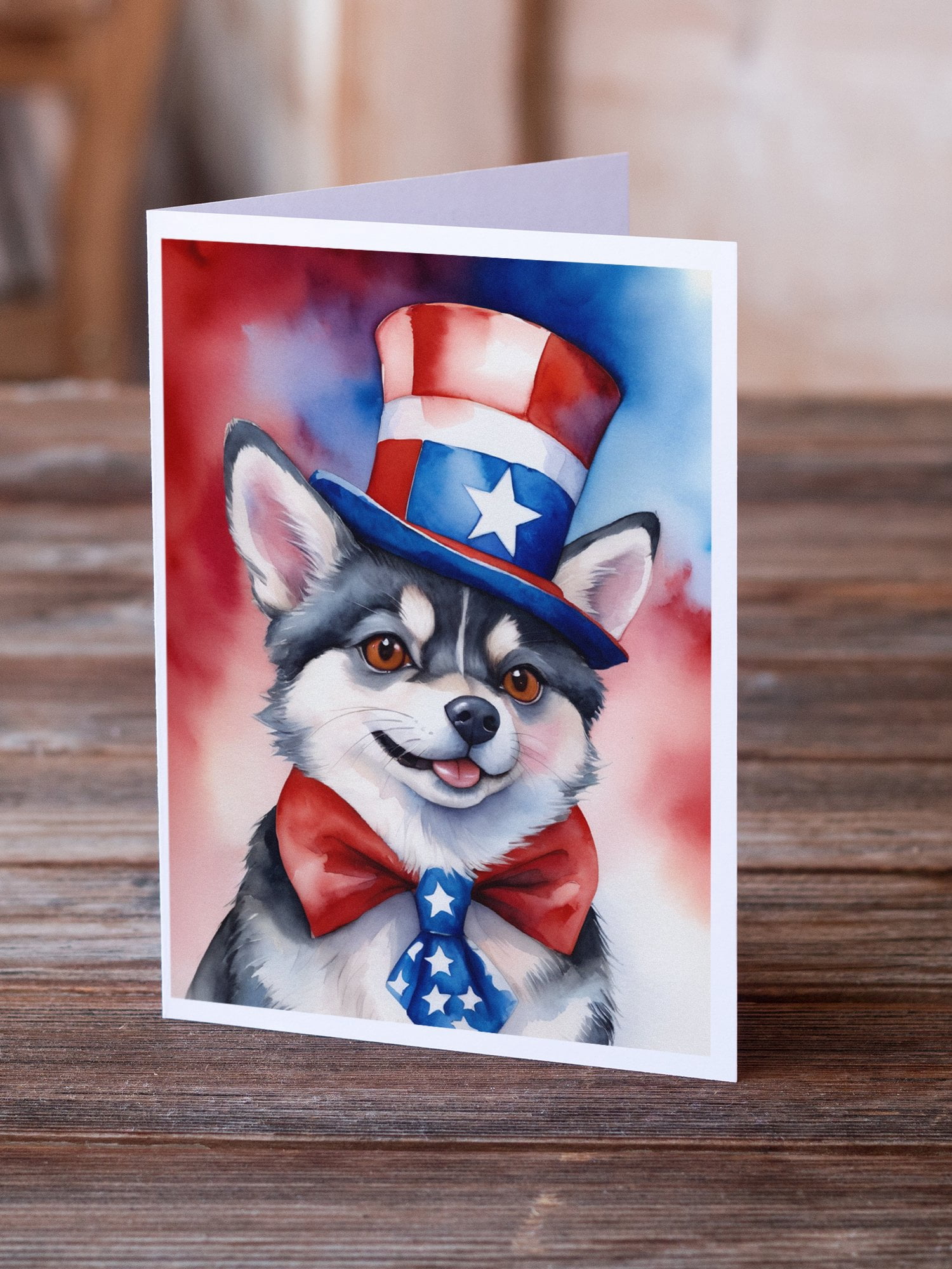Alaskan Klee Kai Patriotic American Greeting Cards Pack of 8 7 in x 5 in