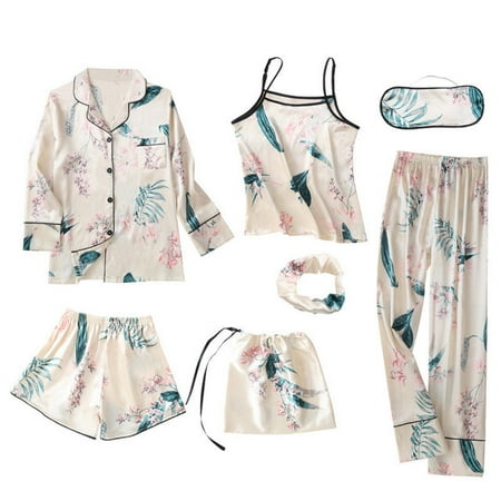 

7 Pieces Women s Pajamas Sets Faux Silk Striped Pyjama Women s Pajamas Sleepwear Sets Spring Summer Homewear