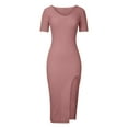 thumbnail image 4 of EQWLJWE Robes d'Été pour Femmes 2023 Mode Féminine Couleur Unie Aguichant Manches Courtes Robe Tricotée Fendue, 4 of 8