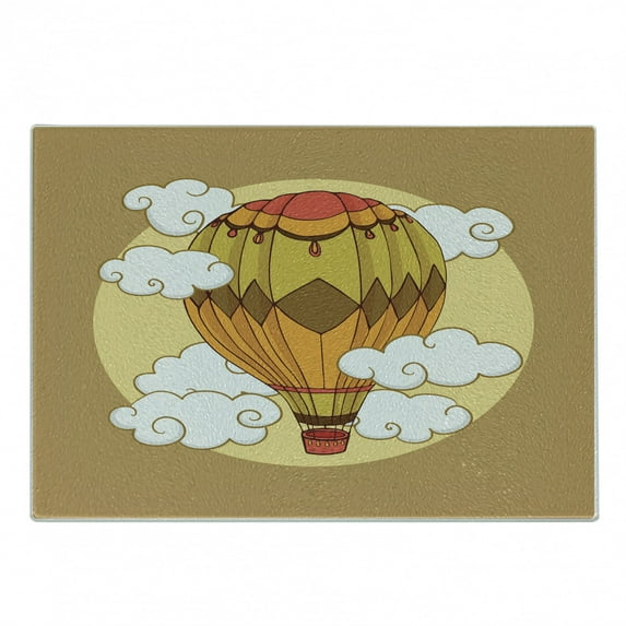 Cartoon Cutting Board, Hot Air Balloon in the Sky Dreamy Clouds Fantasy Surreal Retro Adventure, Decorative Tempered Glass Cutting and Serving Board, Small Size, Pale Brown Multicolor, by Ambesonne