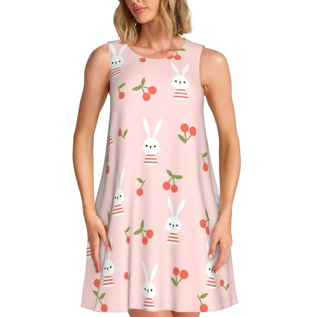 Fotbe Rabbit And Cherry Vestido de Verano sin Mangas para Mujer – Vestido Midi Línea A, Estilo Camiseta Floral, Vestido Playero Casual y Fluido