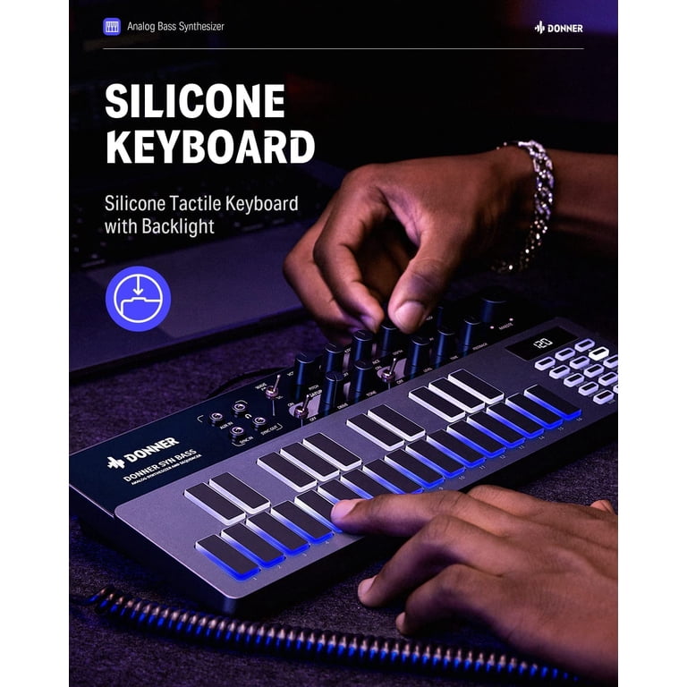 Synthétiseur De Basse Donner Essential B1 - Séquenceur Analogique, 128 Paterns, Effets Saturation/Delay, Son Acid, Pads Sensibles