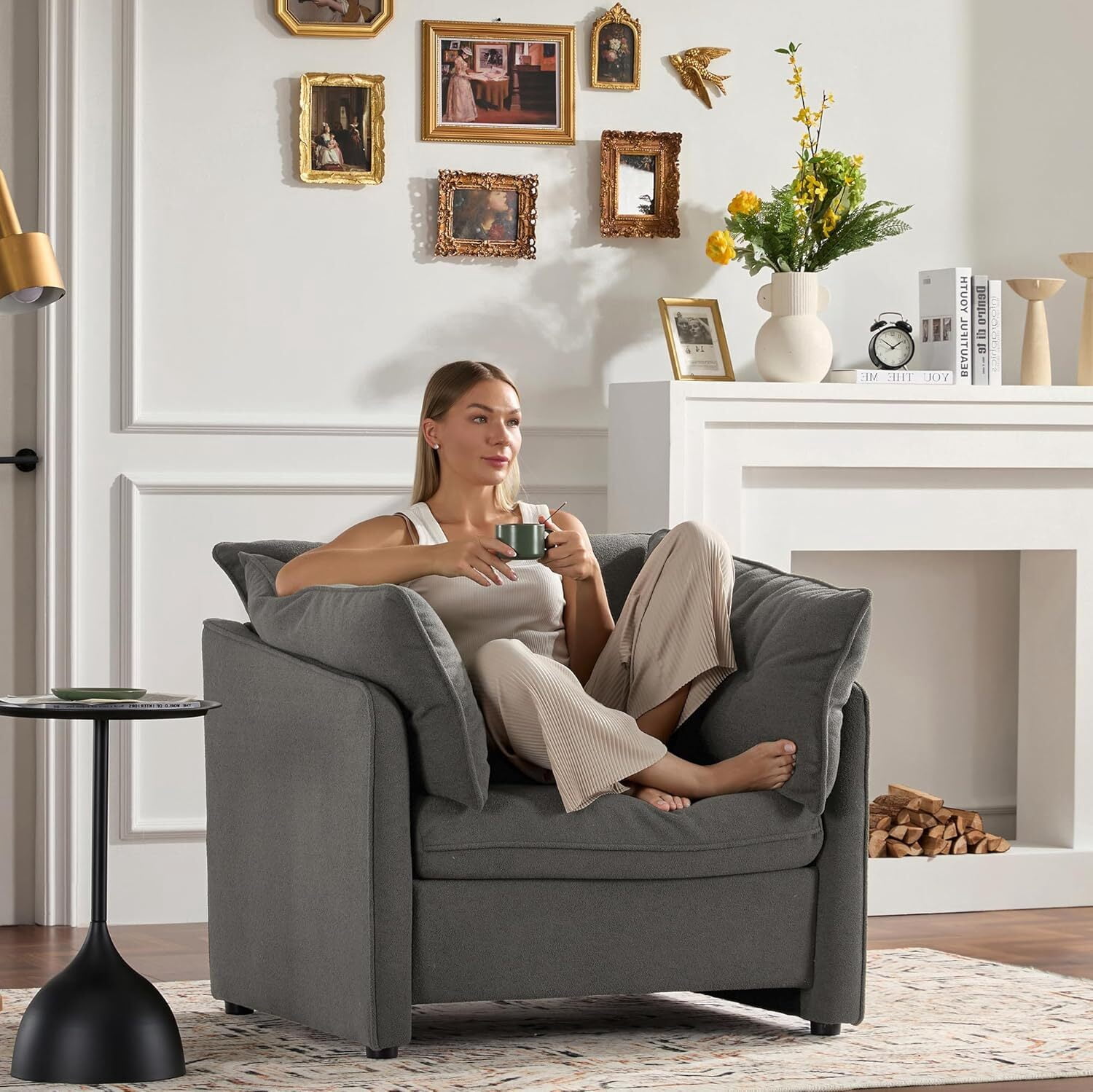 AENKYO Oversized Chenille Accent Chair, Modern Mid Century Armchair, Comfy Upholstered Deep Seat Sofa Chair, Suitable for Living Room, Bedroom, Office, Dark Gray