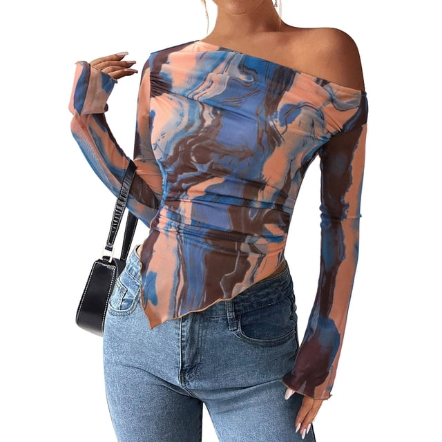Blusa PRETTYGARDEN de malla con hombros descubiertos y efecto tie dye, talla M