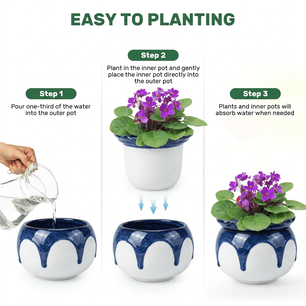 BUYMAX 6 inch Self-Watering Planter, African Violet Pot for Indoor Plants, Ocean Blue Reactive Glaze, Stoneware Ceramic Flower Pot for Home & Office Decor
