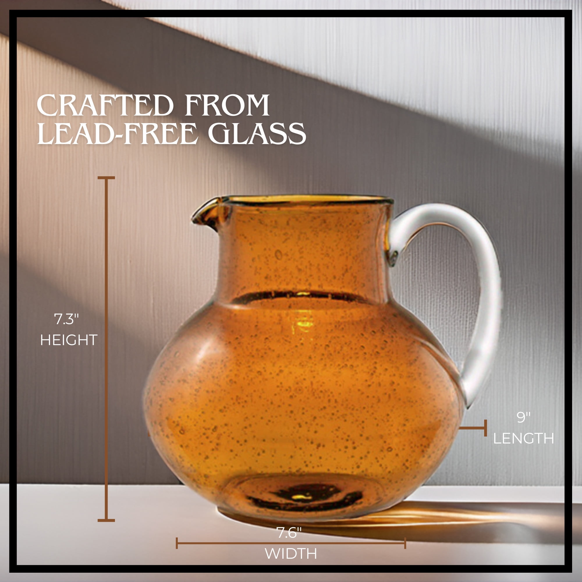 Artland Iris 90 Oz Handblown Glass Pitcher - Bubble Shape, Lead-Free - Versatile Drink Dispenser for Water, Juice, Cocktails - Enhanced Kitchen Decor, Dishwasher Safe (Amber)
