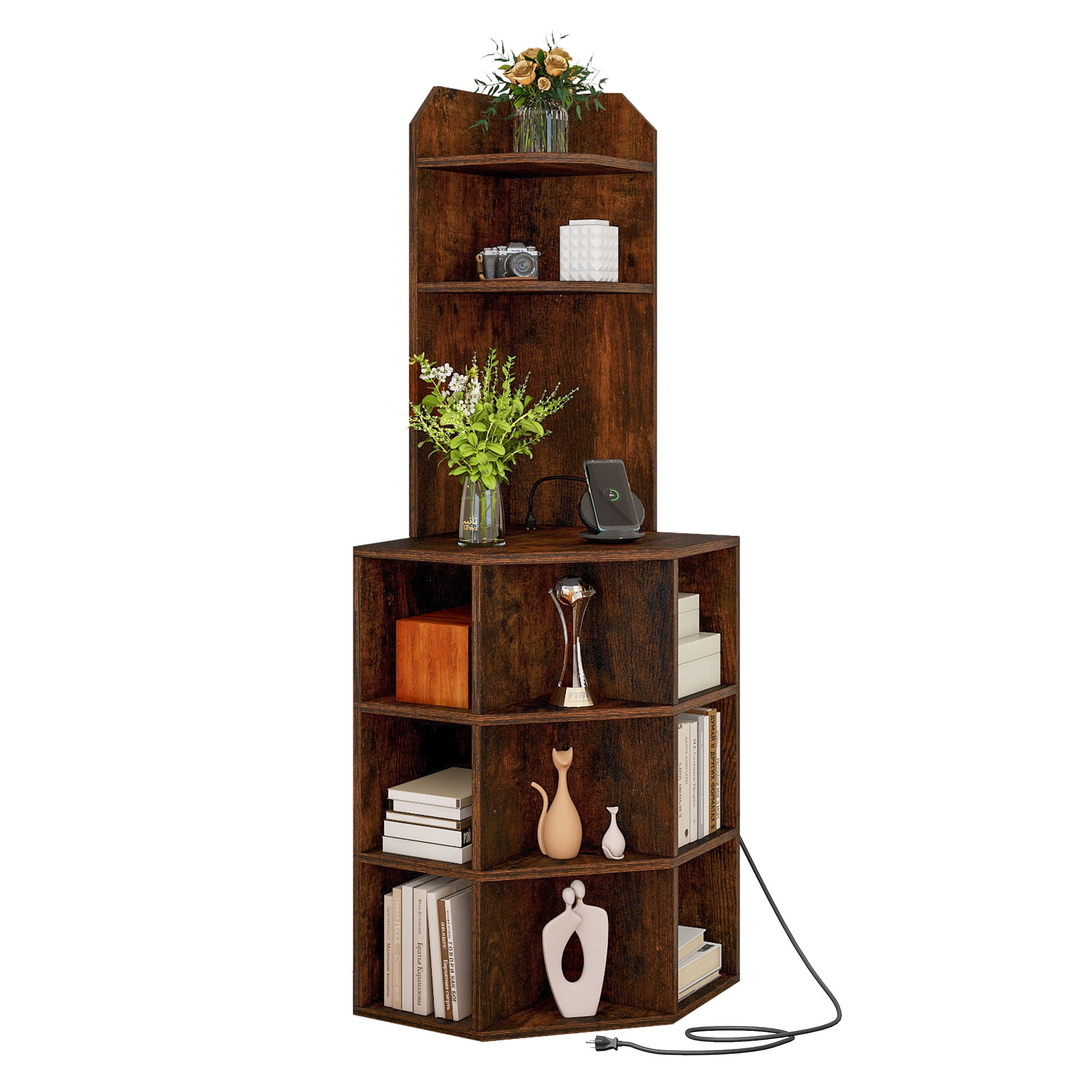 Dextrus 5-Tier Corner Shelf with USB Ports and Outlets, Corner Bookshelf Bookcase Display Shelves Rack Storage Corner Bar Cabinet for Living Room, Home Office, Kitchen, Brown