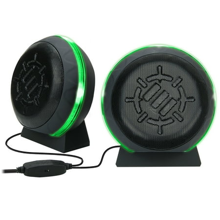 ENHANCE Gaming LED Computer Speakers with Subwoofer , Powerful 5W Drivers and In-Line Volume Control - Green Lights , USB 2.0 Powered , 3.5mm Connection for PC , Desktop , Laptop ,