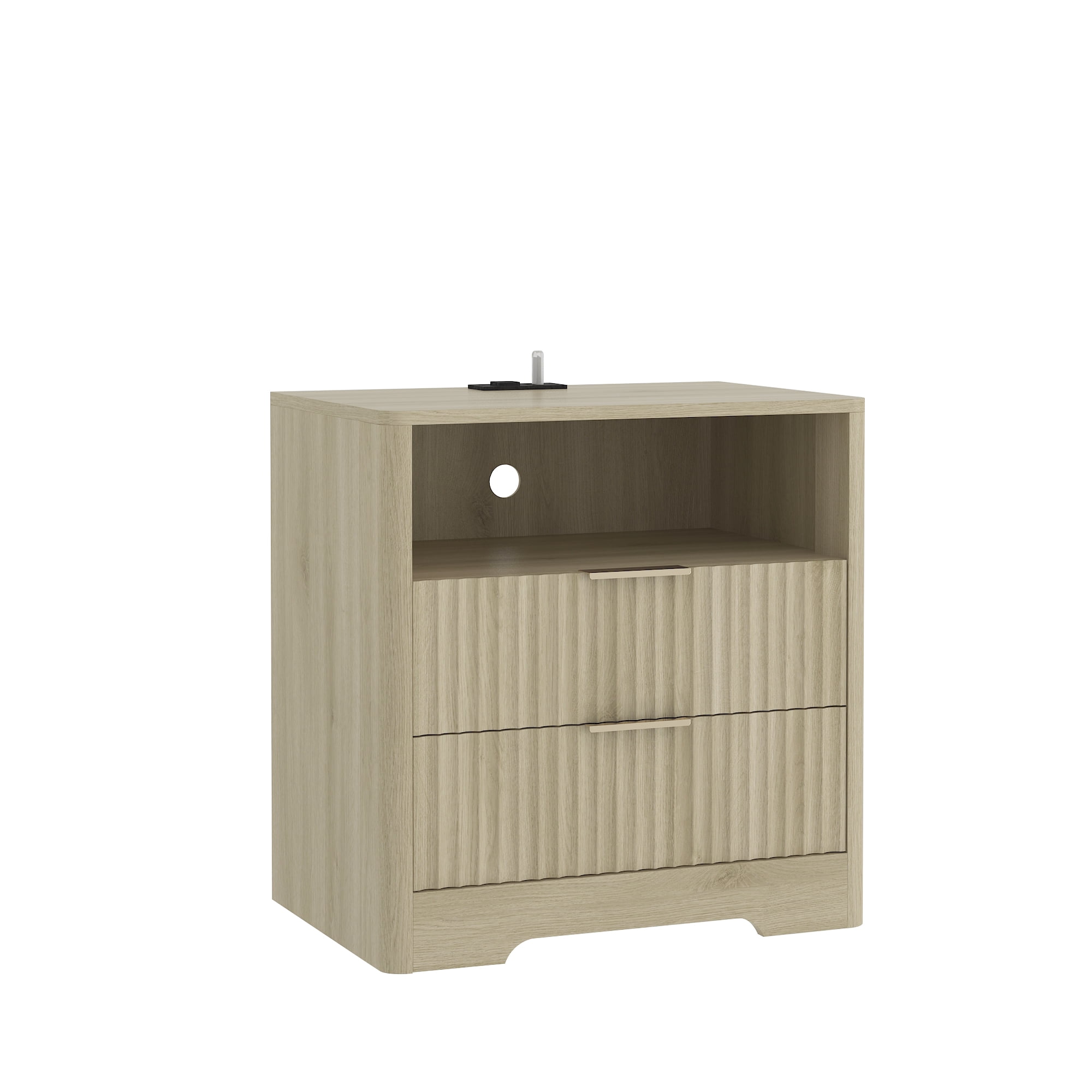 Mintazer Nightstand with Voice-Controlled LED Light & Charging Station, Bedside Table with 2 Drawer Open Shelf for Bedroom, Natura
