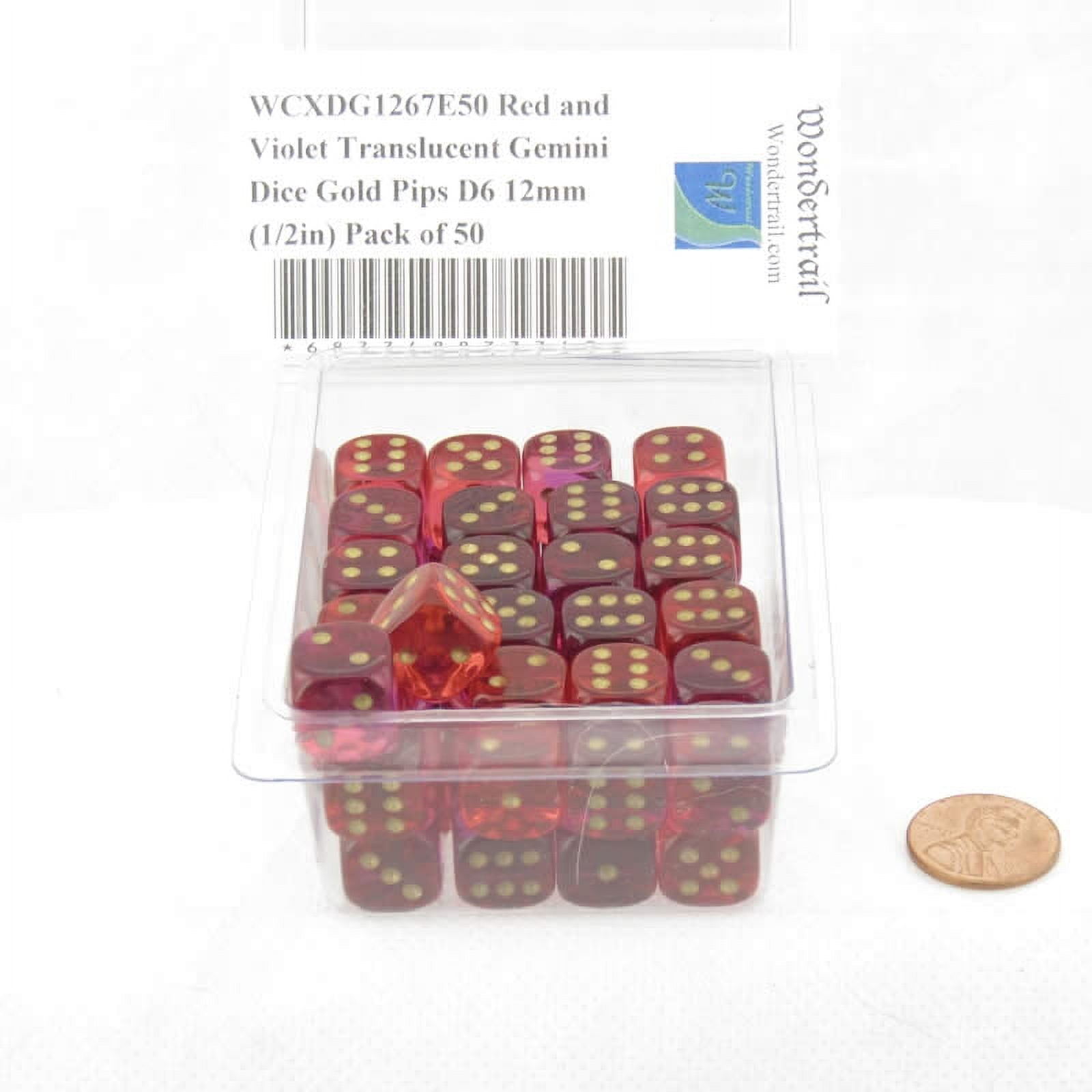 Red and Violet Translucent Gemini Dice with Gold Pips D6 12mm (1/2in) Pack of 50 Wondertrail