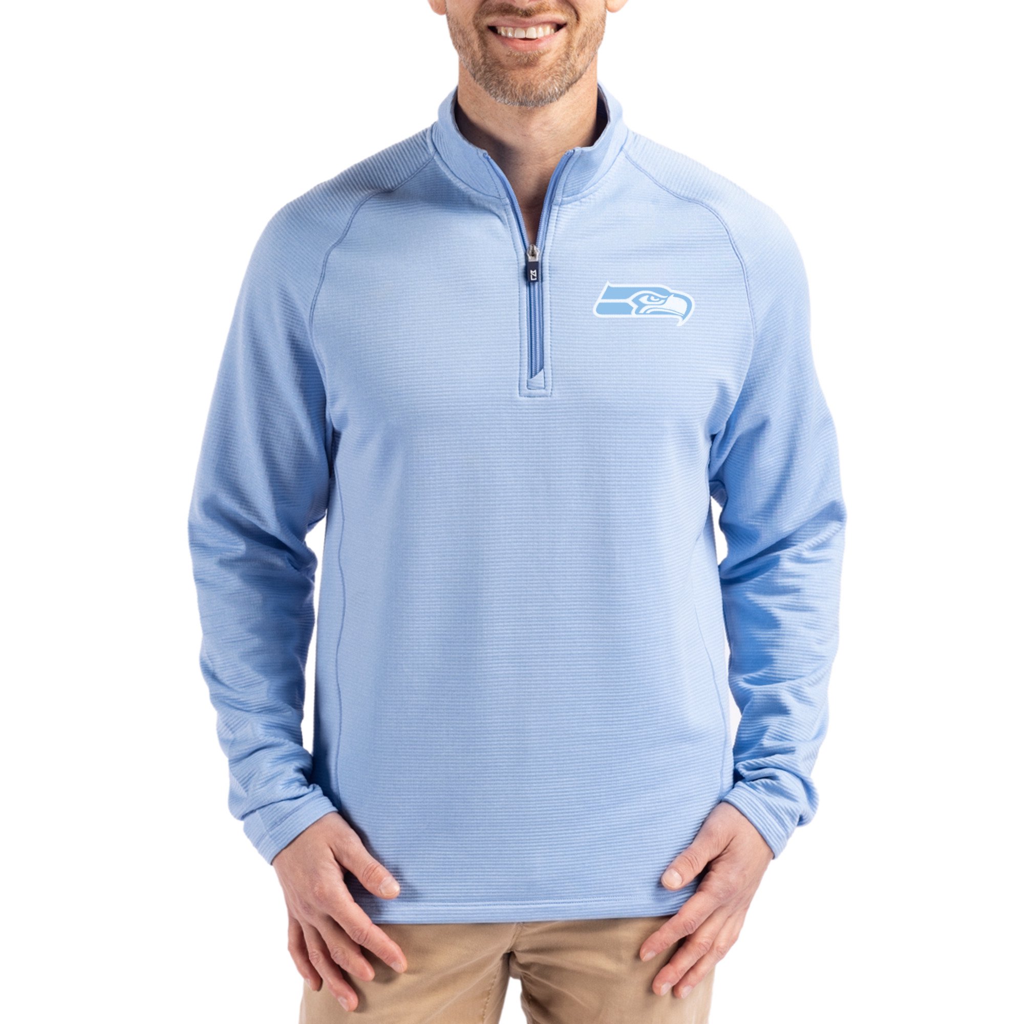 Men's Cutter & Buck Powder Blue Seattle Seahawks Peshastin Eco Fleece Recycled Raglan Quarter-Zip Top