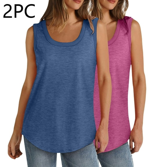 Yotami 2-Pack Women's Loose Fit Tank Top Round Neck Plus Size Tee for Holiday Solid Color Trendy Gym Workout Tops