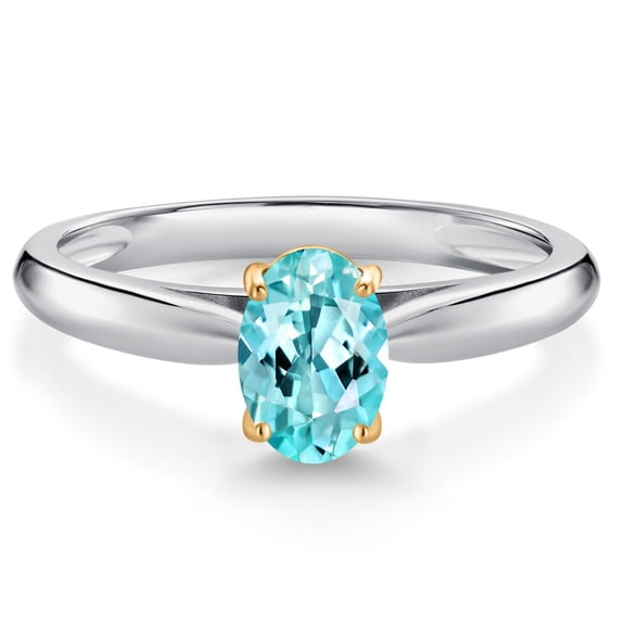 Gem Stone King 10K White and Yellow Gold Blue Apatite Solitaire Engagement Ring for Women (0.82 Cttw, Oval 7X5MM, Gemstone Birthstone, Size 6)