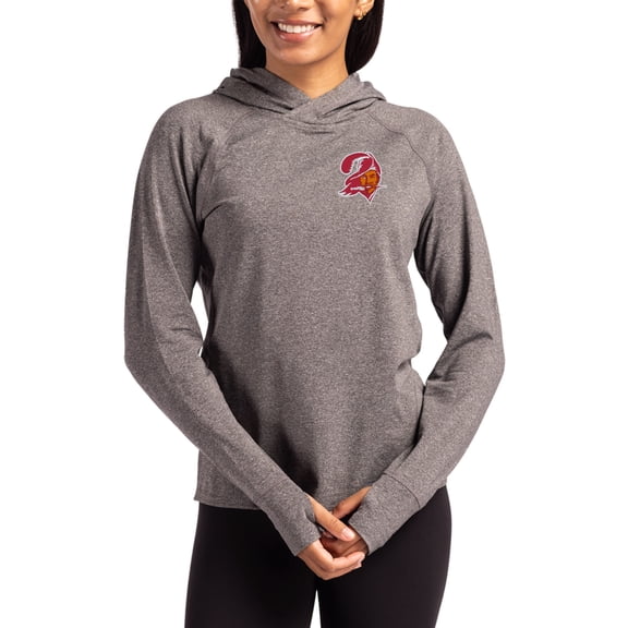 Women's Cutter & Buck Heather Charcoal Tampa Bay Buccaneers Throwback Logo Adapt Knit Recycled Raglan Pullover Hoodie