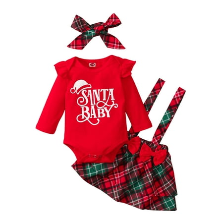 

Bebiullo 3Pcs Christmas Baby Girls Outfits Santa Long Sleeve Romper Plaid Suspender Skirt Headband Set